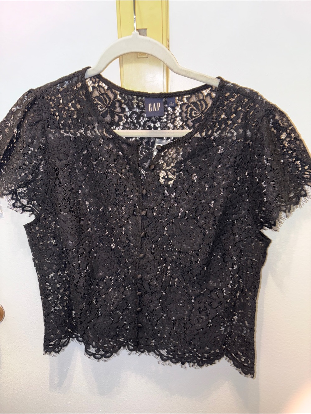 GAP Black Floral Lace Short-Sleeve Button Blouse